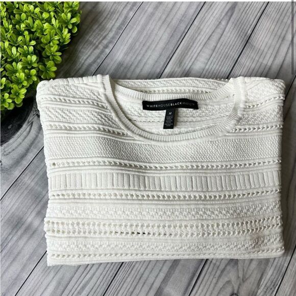 White House Black Market White Eyelet 3/4 Length Sleeves Pullover Top M - Picture 2 of 9